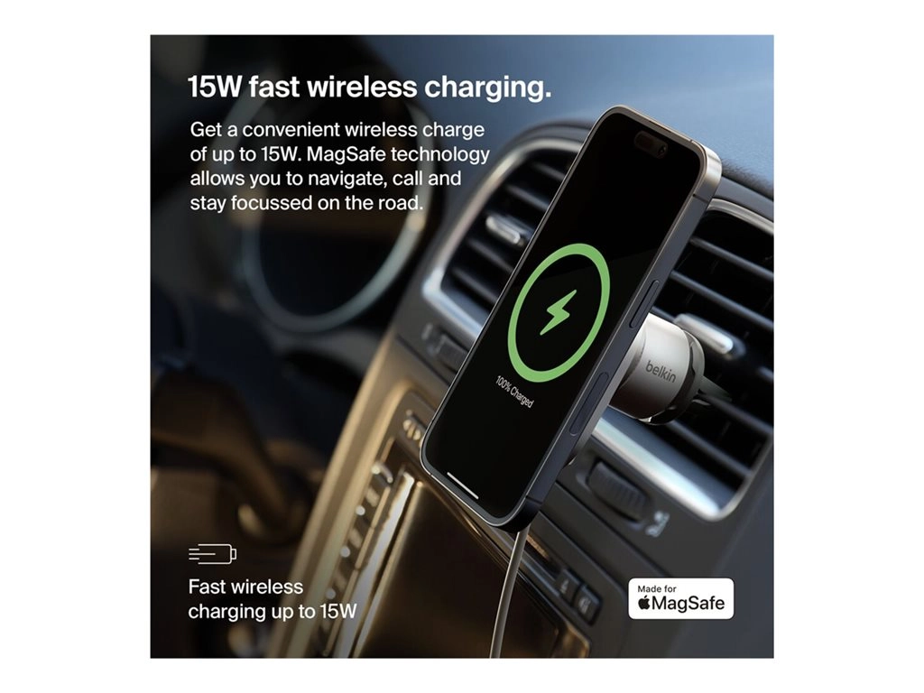 Belkin - Car wireless charging holder - magnetic with Qi2   car power adapter - 15 Watt - Fast Charge - gray WIC008BTGR-V2