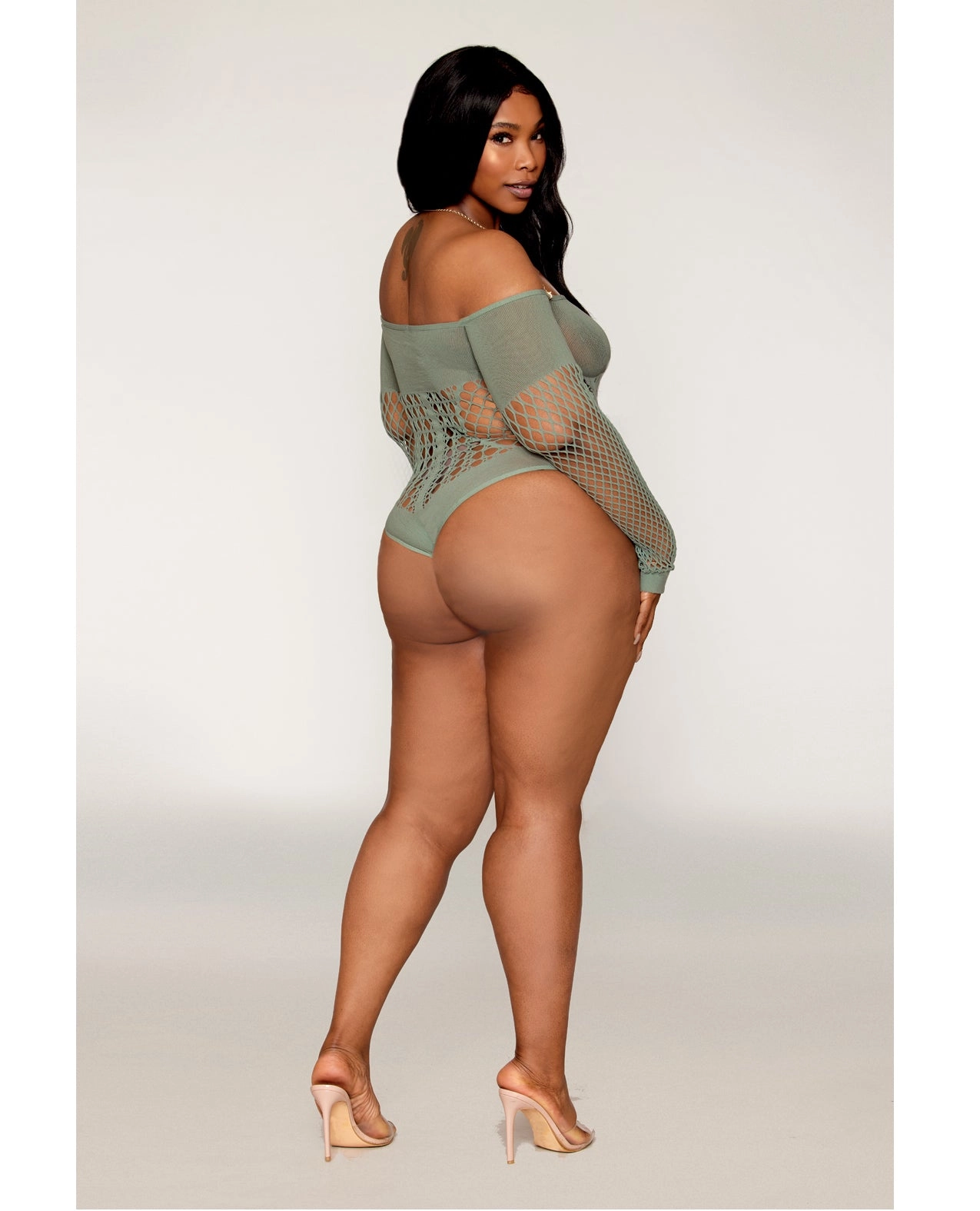 Dreamgirl Queen Halter Chain Long Sleeve Fishnet Seamless Teddy Sage Green