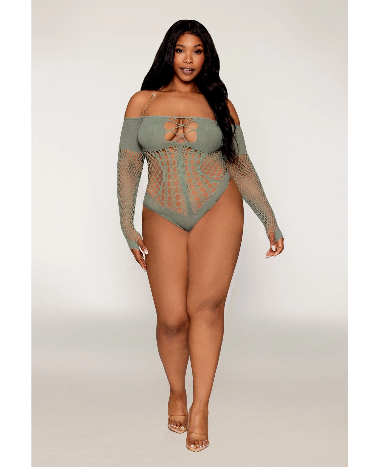 Dreamgirl Queen Halter Chain Long Sleeve Fishnet Seamless Teddy Sage Green