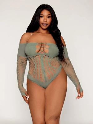 Dreamgirl Queen Halter Chain Long Sleeve Fishnet Seamless Teddy Sage Green