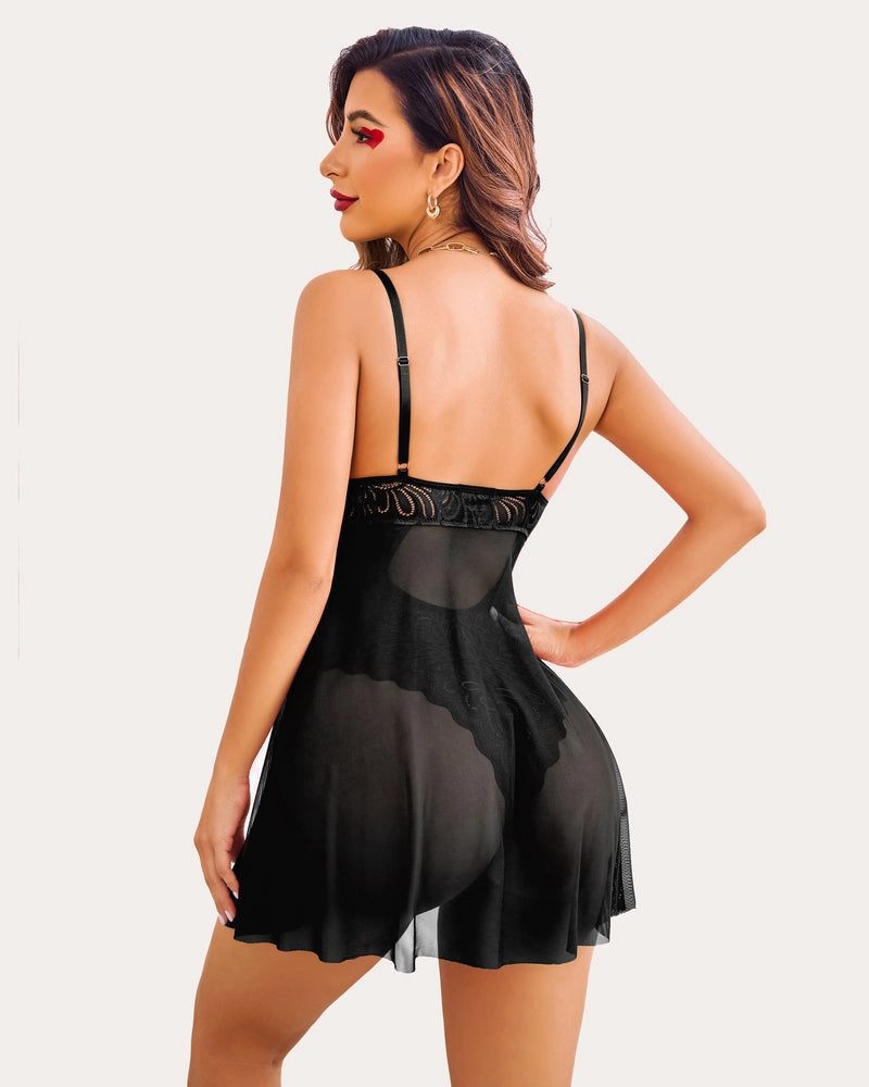 Heart Print Lace Snap Crotch Teddy
