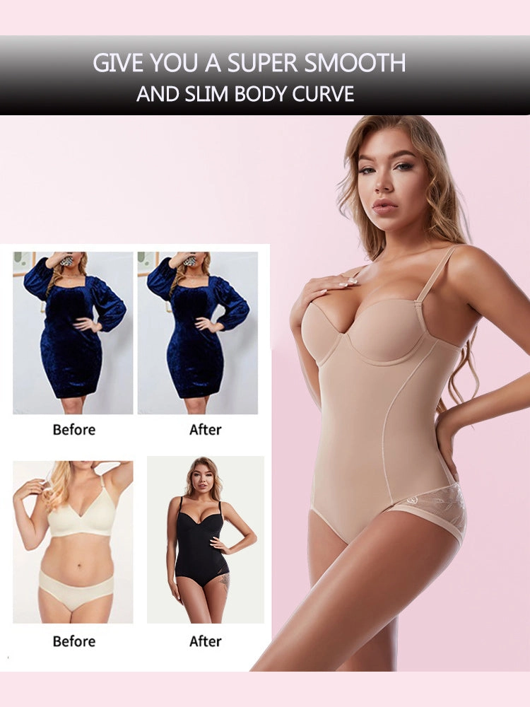 Lace Deep V-Neck Tummy Control Bodysuit with Built-in Bra