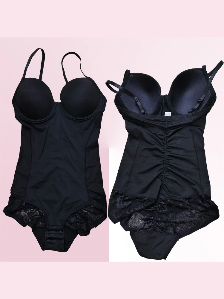 Lace Deep V-Neck Tummy Control Bodysuit with Built-in Bra