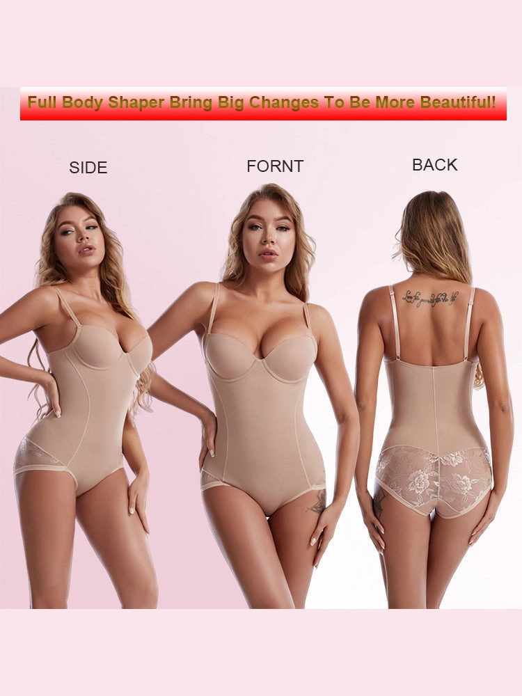 Lace Deep V-Neck Tummy Control Bodysuit with Built-in Bra