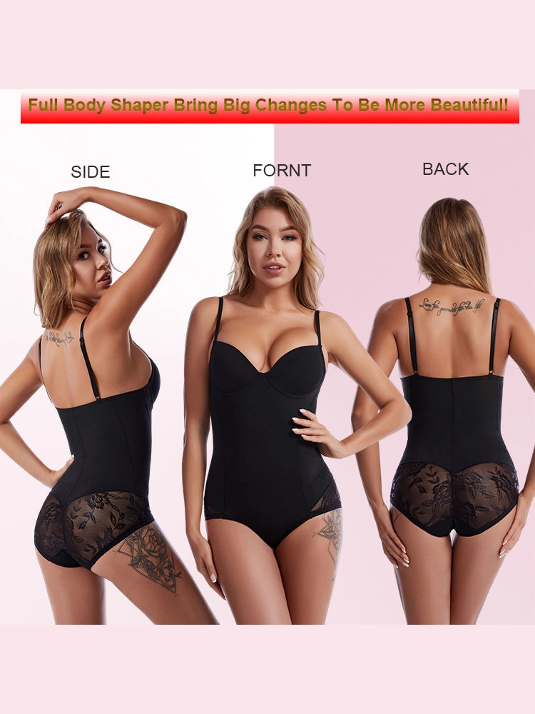 Lace Deep V-Neck Tummy Control Bodysuit with Built-in Bra