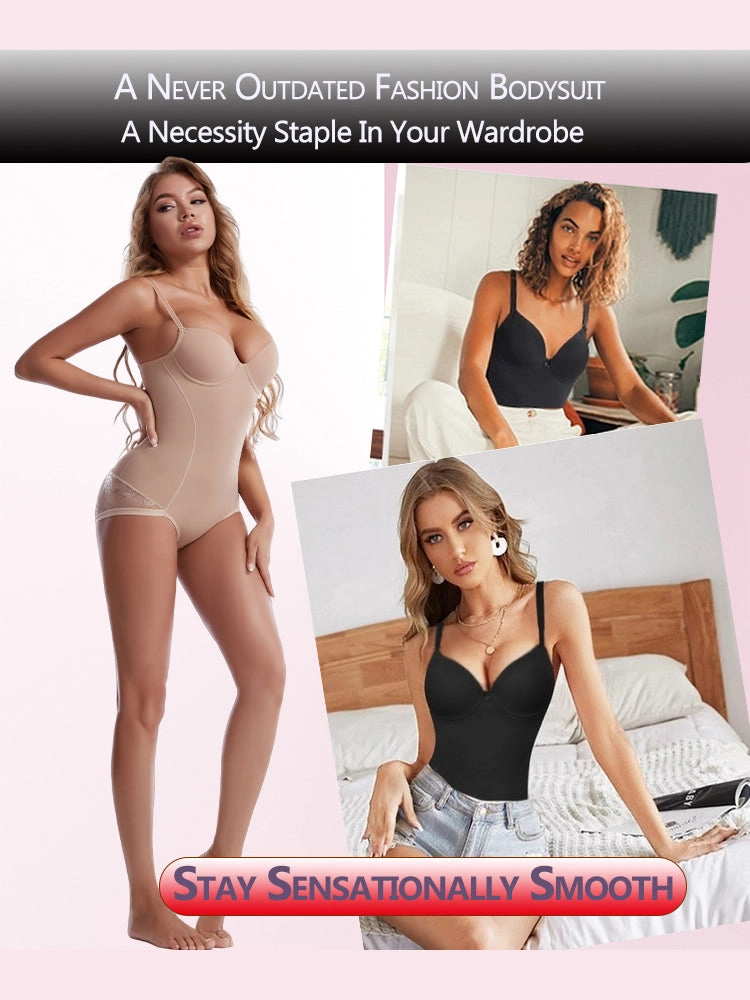 Lace Deep V-Neck Tummy Control Bodysuit with Built-in Bra