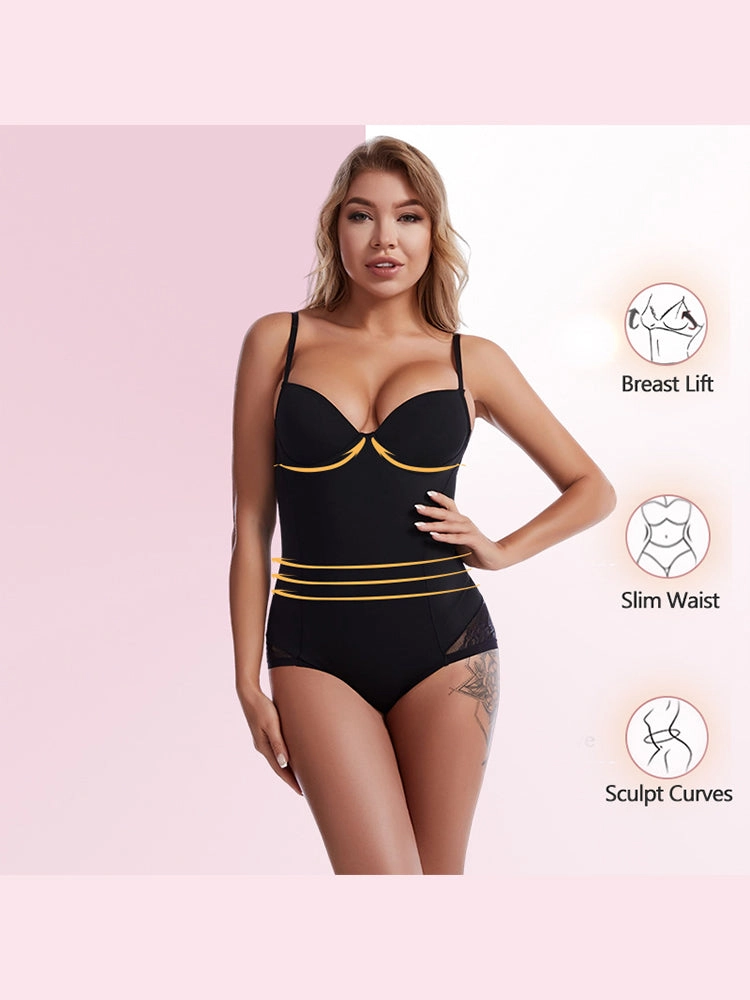Lace Deep V-Neck Tummy Control Bodysuit with Built-in Bra