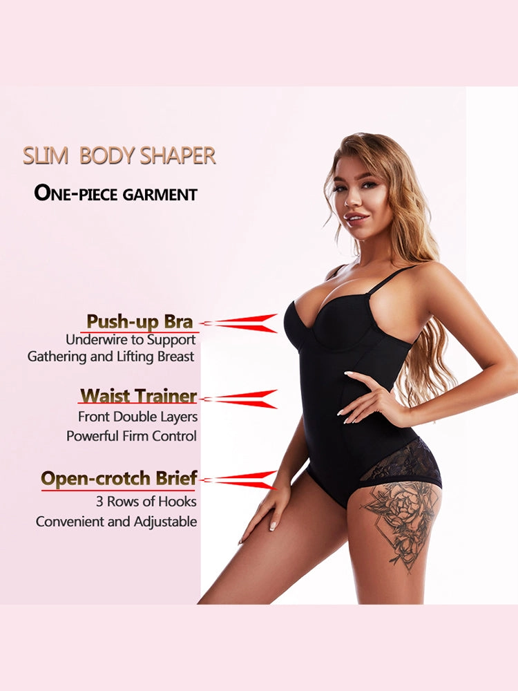 Lace Deep V-Neck Tummy Control Bodysuit with Built-in Bra