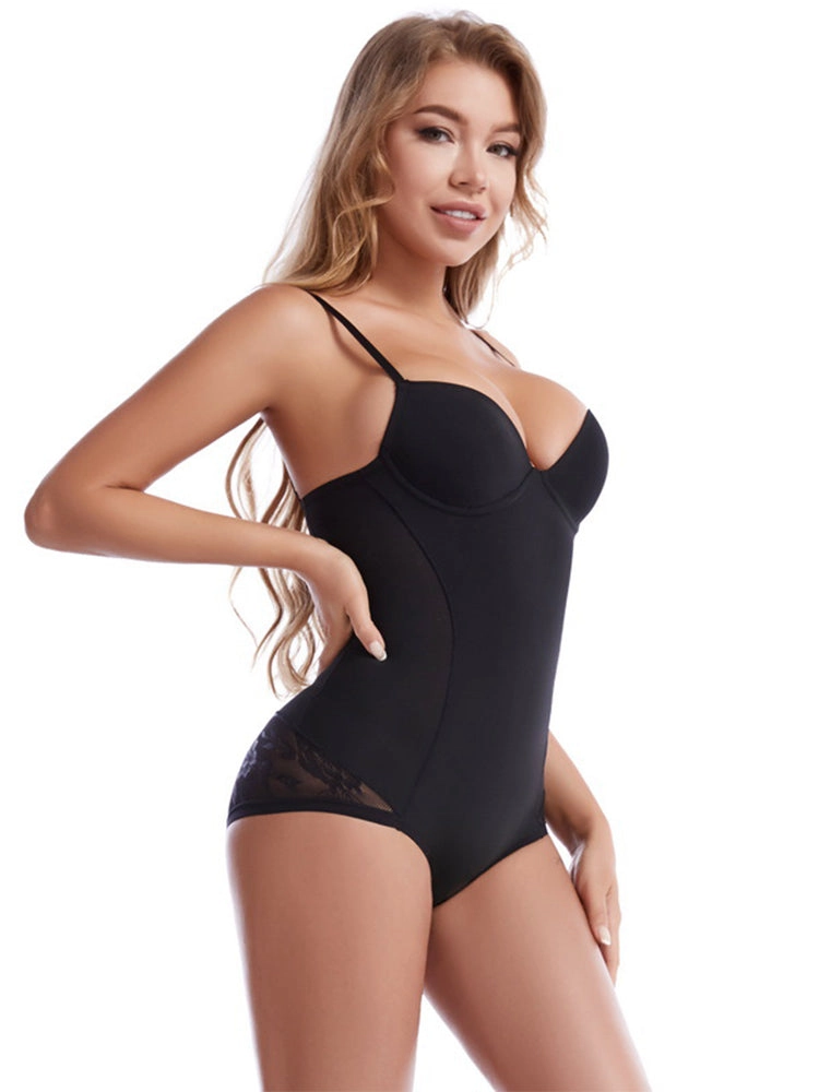 Lace Deep V-Neck Tummy Control Bodysuit with Built-in Bra