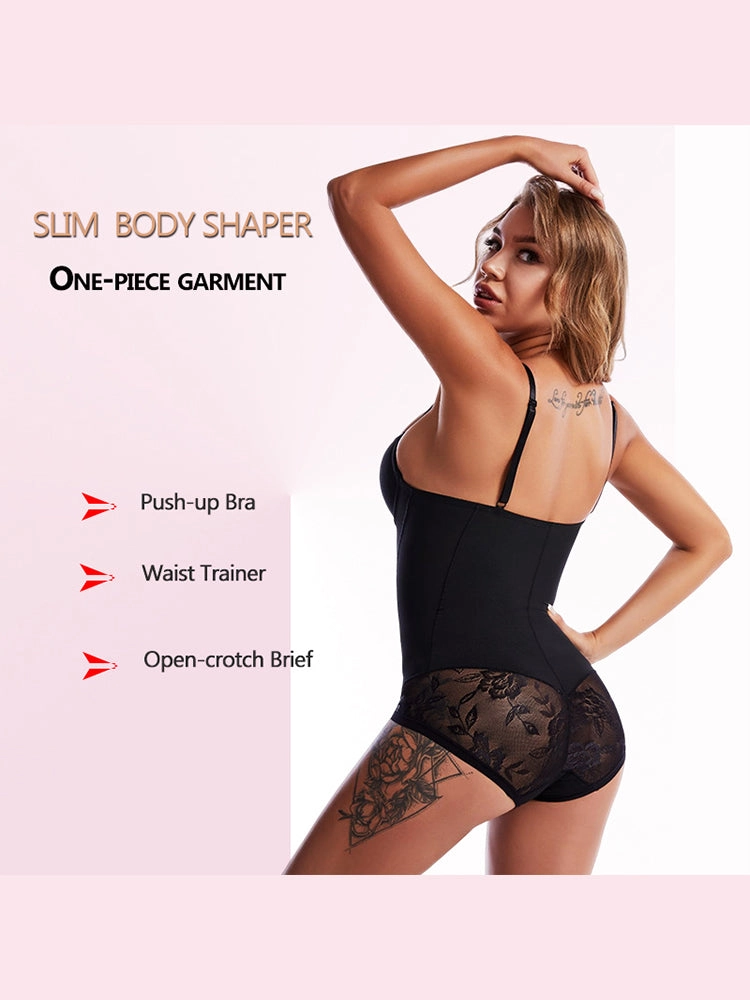 Lace Deep V-Neck Tummy Control Bodysuit with Built-in Bra