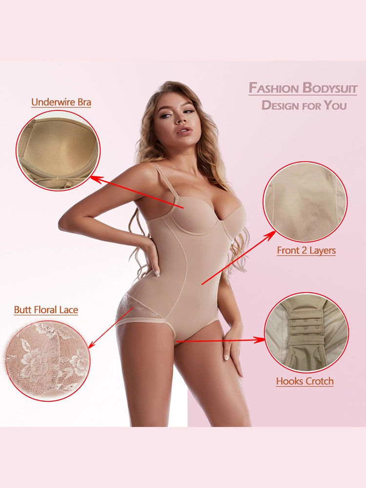 Lace Deep V-Neck Tummy Control Bodysuit with Built-in Bra