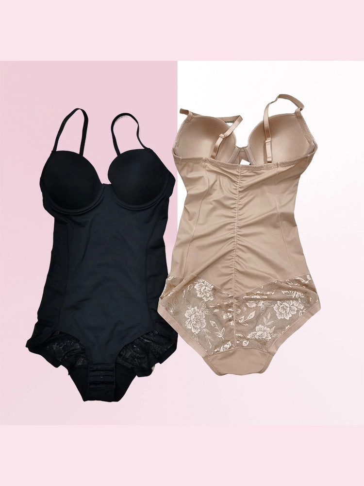 Lace Deep V-Neck Tummy Control Bodysuit with Built-in Bra