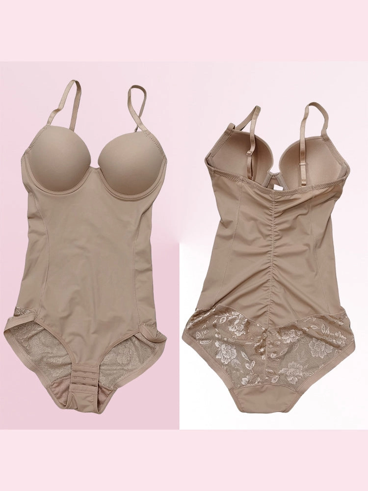 Lace Deep V-Neck Tummy Control Bodysuit with Built-in Bra