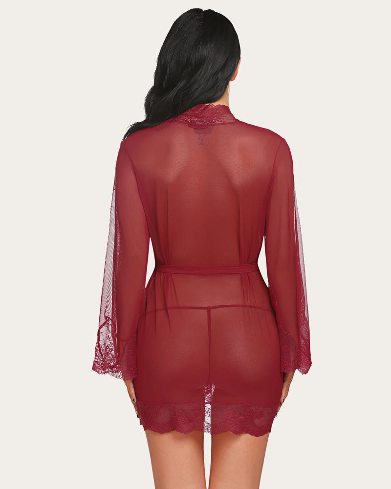 Leopard Lace Kimono Robe Mesh Nightgown