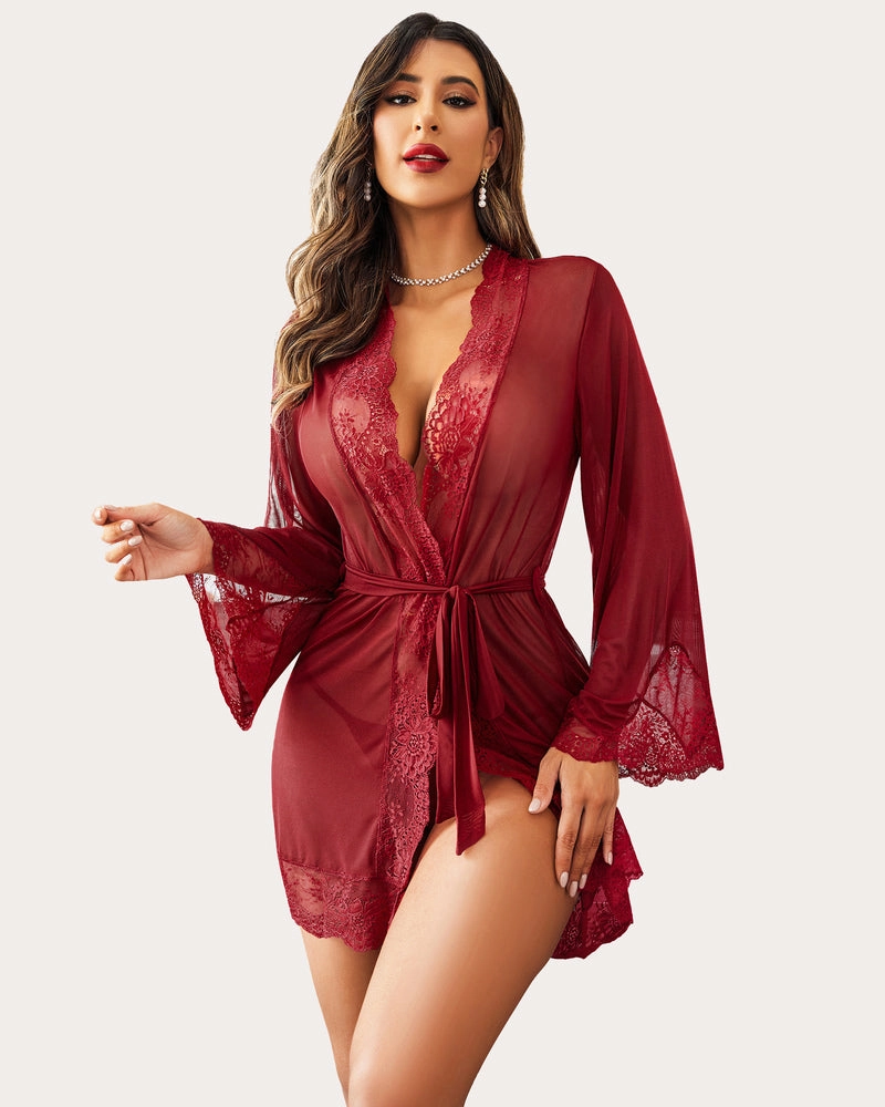 Leopard Lace Kimono Robe Mesh Nightgown