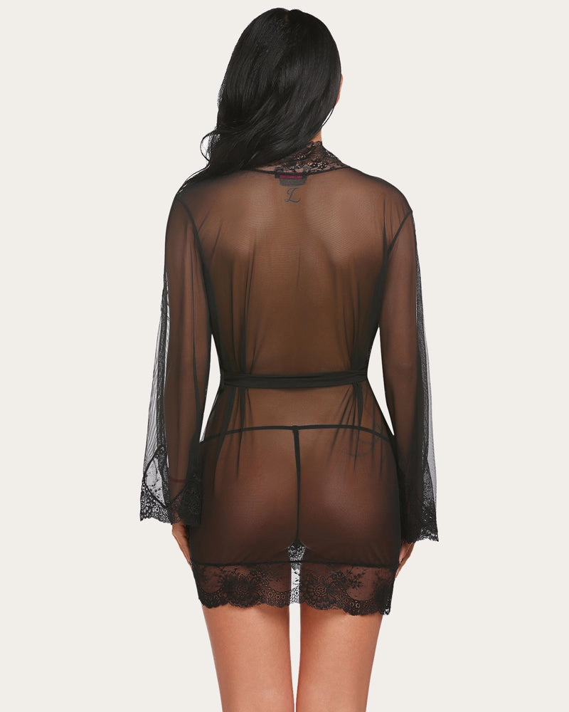 Leopard Lace Kimono Robe Mesh Nightgown