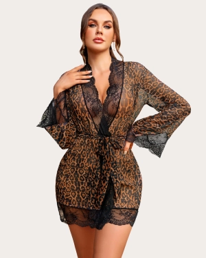 Leopard Lace Kimono Robe Mesh Nightgown