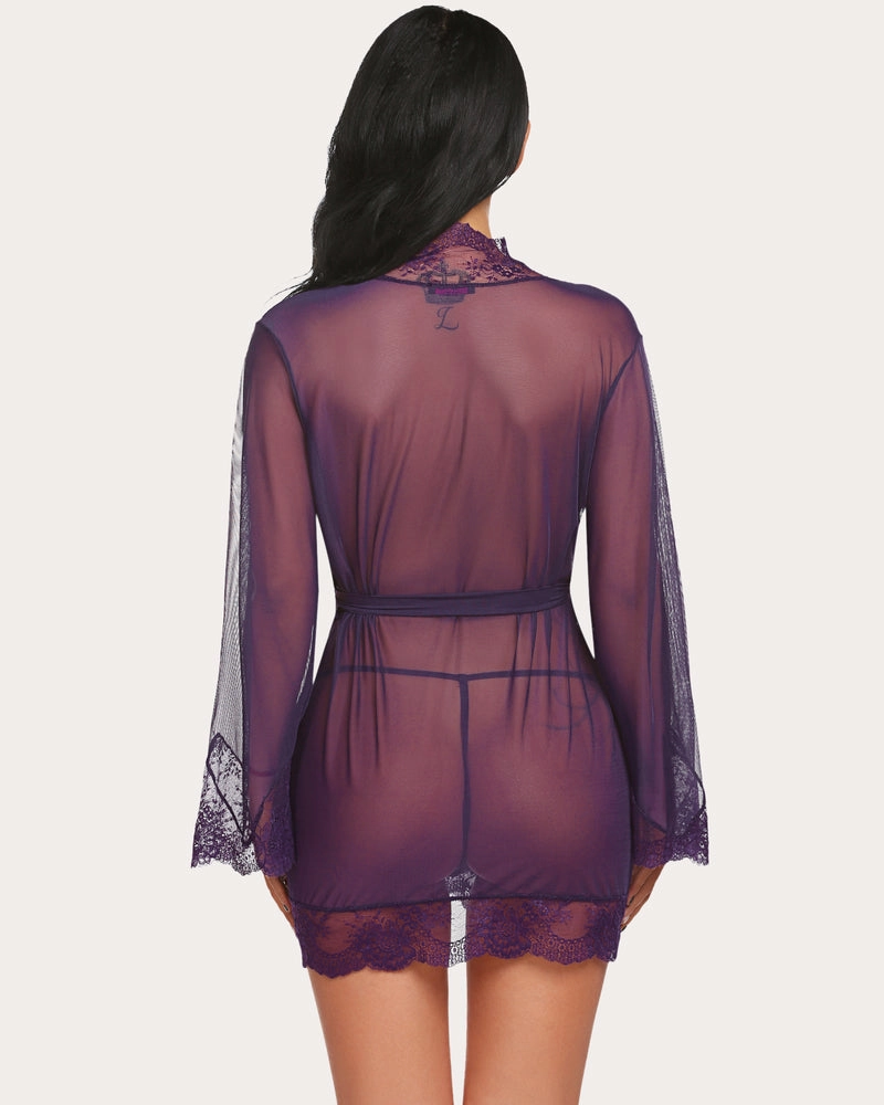Leopard Lace Kimono Robe Mesh Nightgown