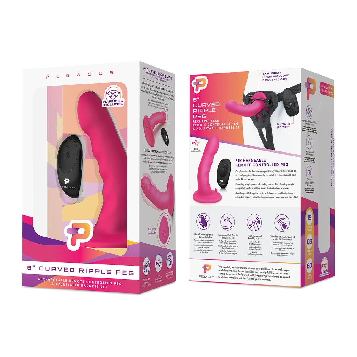 Pegasus 6 Rechargeable Ripple Peg W/adjustable Harness & Remote - Pink