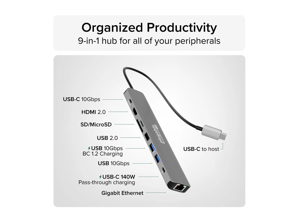 Plugable - Docking station - USB-C 3.2 Gen 2 - HDMI - 1GbE USBC-9IN1E