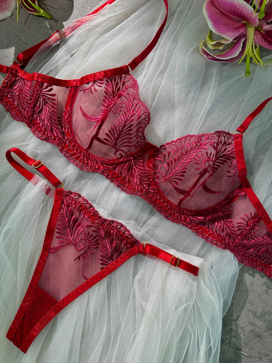 Wine Red Elegant Essence Embroidery Lingerie Set